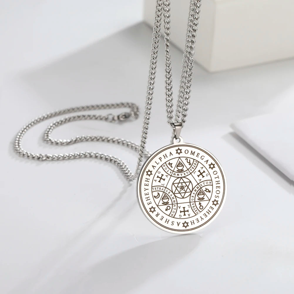 Dawapara Fortune Wheel AGLA INRI Stainless Steel Men Necklace