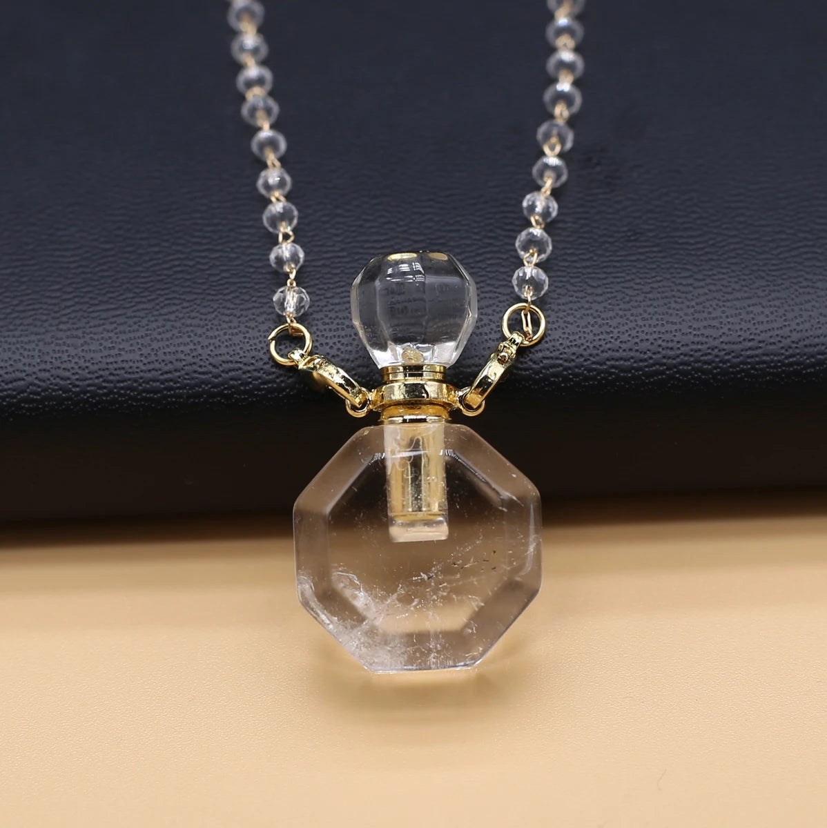 Natural Clear Quartz Stone Essential Oil Diffuser Pendant Stone Bead Chain Perfume Bottle Pendant Necklace Women Jewelry Party - AMULET RING STORE