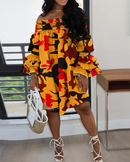 CM.YAYA Chic Women Cascading Ruffles Petal Off Shoulder Long Sleeve Smock Dress 2022 Big Swing Loose Blouse Sundress Vestidos - AMULET RING STORE