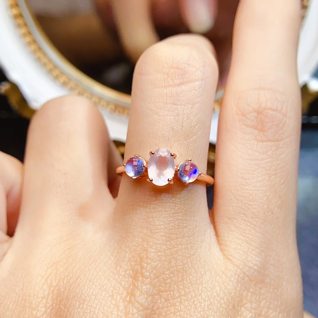 FS 5*7mm Natural Rose quartz Moonstone Ring S925 Sterling Silver Fine Charm Weddings Jewelry for Women MeiBaPJ With Certificate