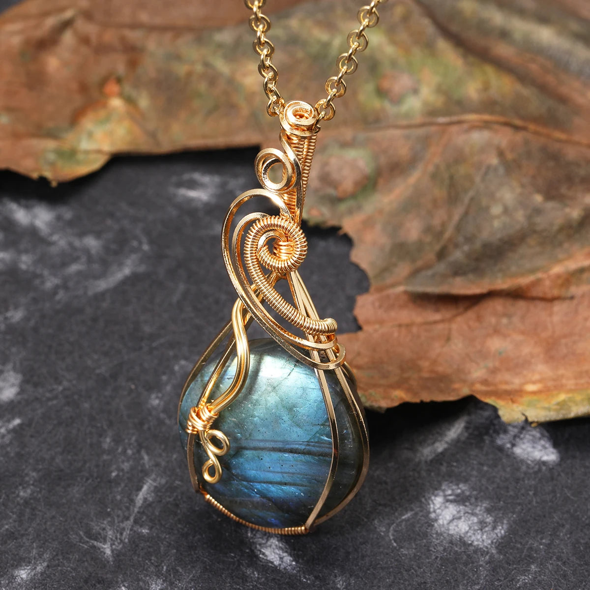 Labradorite Rainbow Moonstone Gemstone Pendant Copper Wire Wrapped Labradorite Jewelry Labradorite Necklace With Chain and Box