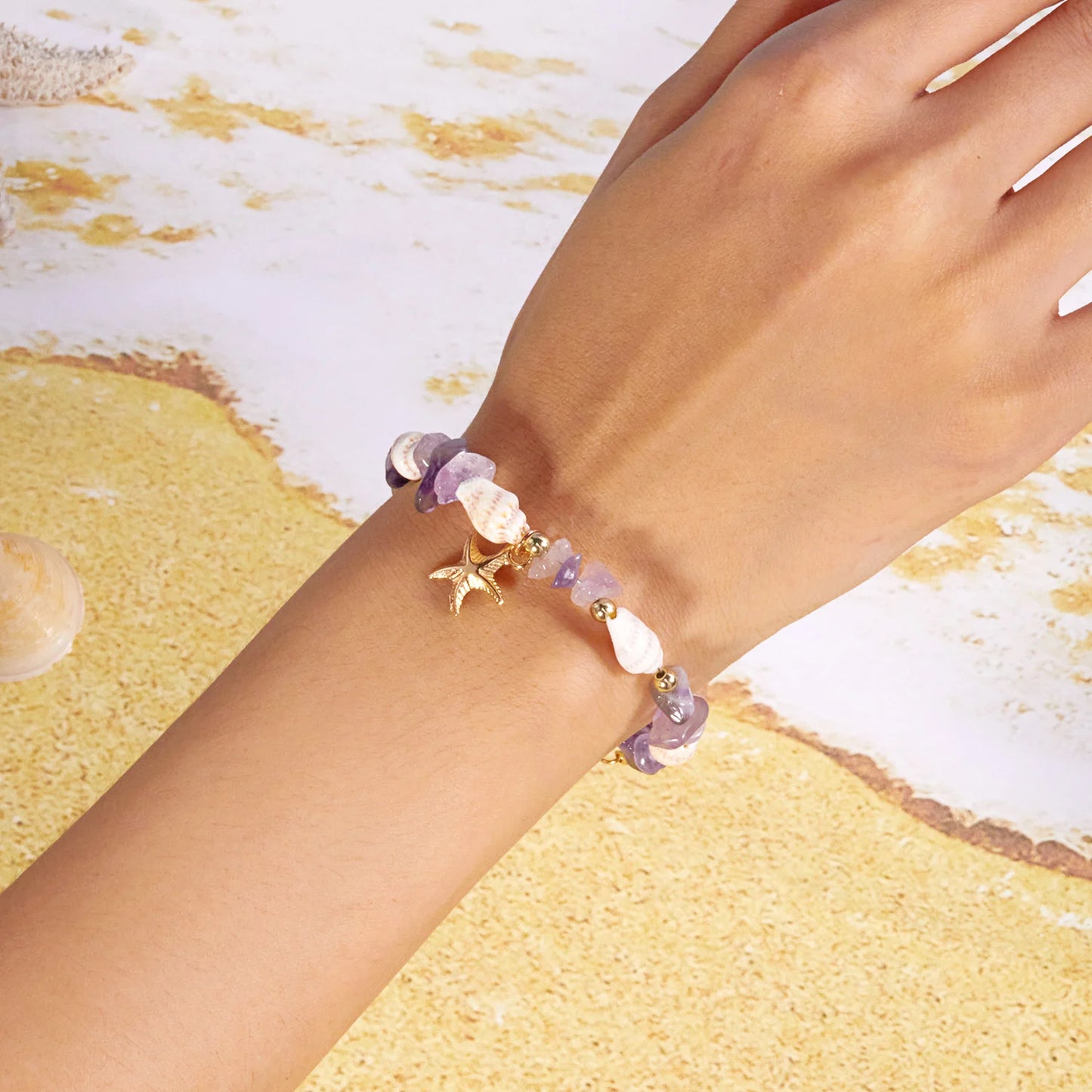 Bohemian Starfish Pendant Bracelet for Women Handmade Crushed Stone Beaded Bracelet Summer Beach Jewelry Travel Accessory Gift