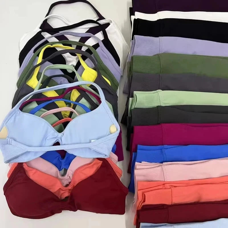 2PCS Yoga Gym Set Women Seamless Strappy Yoga Bra Top High Waist Workout Scrunch Shorts Sports Suit Fitness Clothes Sportswear