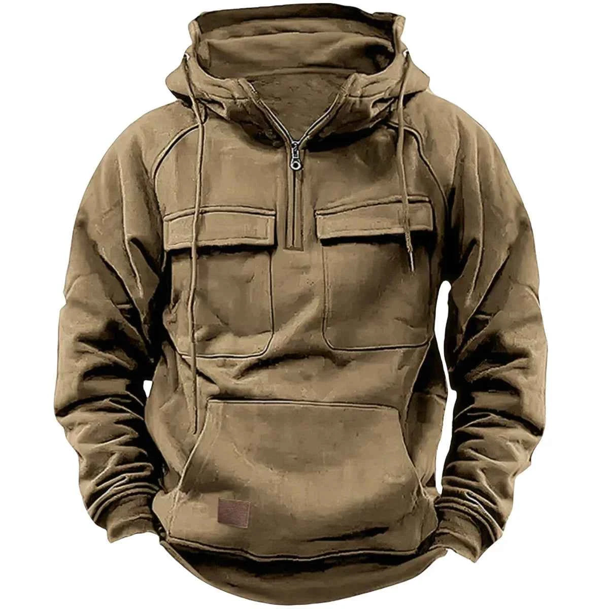 Men's half-zip tactical hooded sweatshirt, solid-color warm fleece workwear style sweatshirt, men's multi-pocket hooded jacket