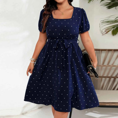 Plus Size Ladies Elegant Retro Polka Dot Waist Tie Square Neck Dress Classic Fashion Summer Short Sleeve Vacation A-line Skirt
