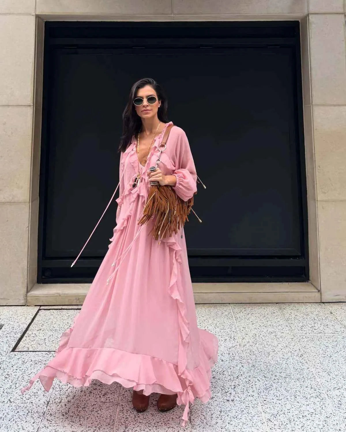 European and American style 2025 early autumn new layered ruffled long-sleeved chiffon dress