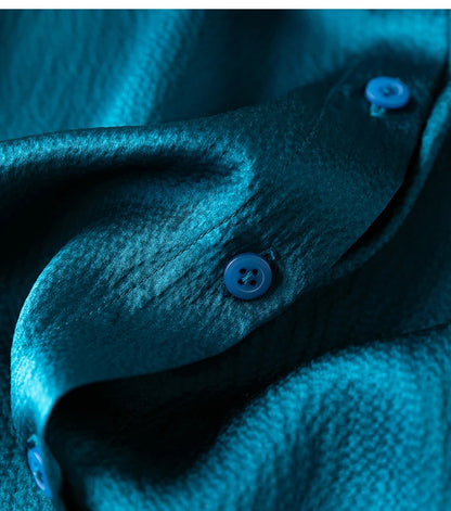 Women 100% Mulberry Silk 20 momme Heavy Silk Peacock Blue Collared Short Sleeve Buttons Down Shirt Top Blouse office work MM567