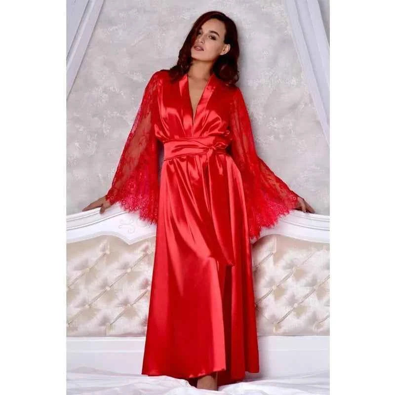 Sexy Nighties Lingerie Plus Size Pajamas Gown Imitation Ice Silk Lace Long Sleeve Women's Pajamas Panty Belt Set Sexy Goods