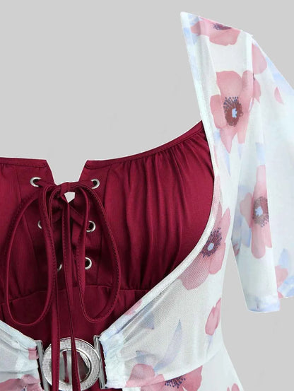 ROSEGAL Plus Size Flutter Sleeves Floral Dress and Lace-up A Line Cami Dress Set