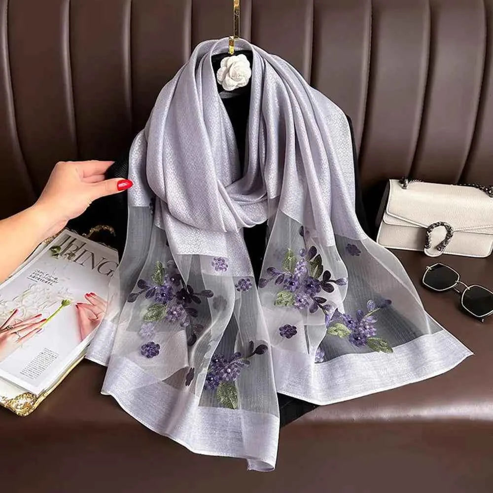 180*70cm Embroidery Floral Chiffon Scarf Elegant Thin Breathable Shawl Women Sunscreen Neck Scarf Travel Beach Shawl Scarf
