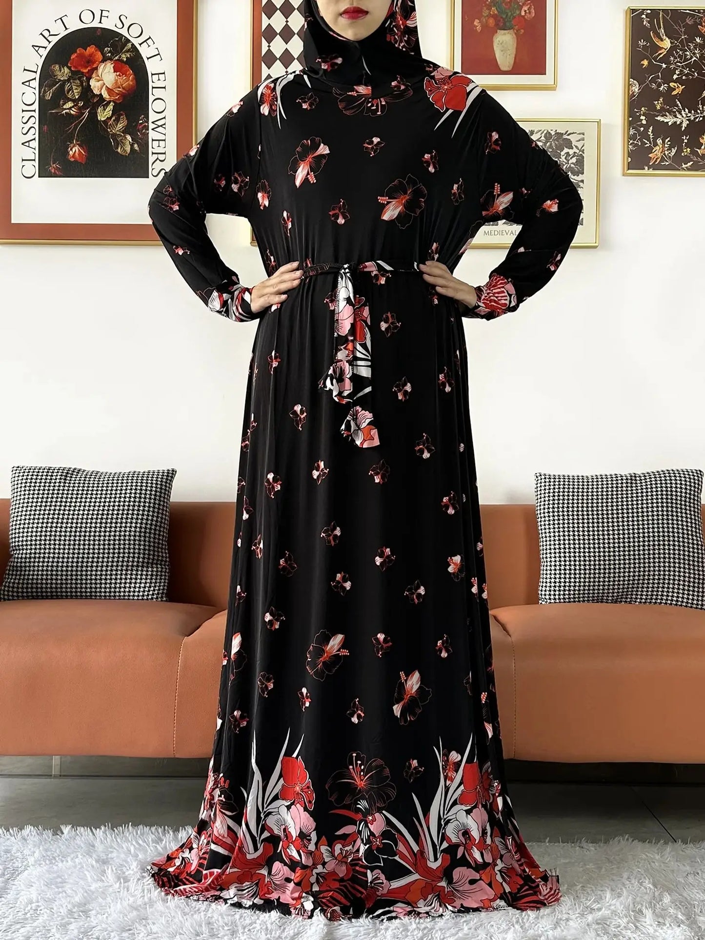 2025 Floral Ramadan Muslim Dress Solid Color Khimar Kaftan Abaya Robe with Attached Hijab Middle East Prayer Garment for Women - AMULET RING STORE