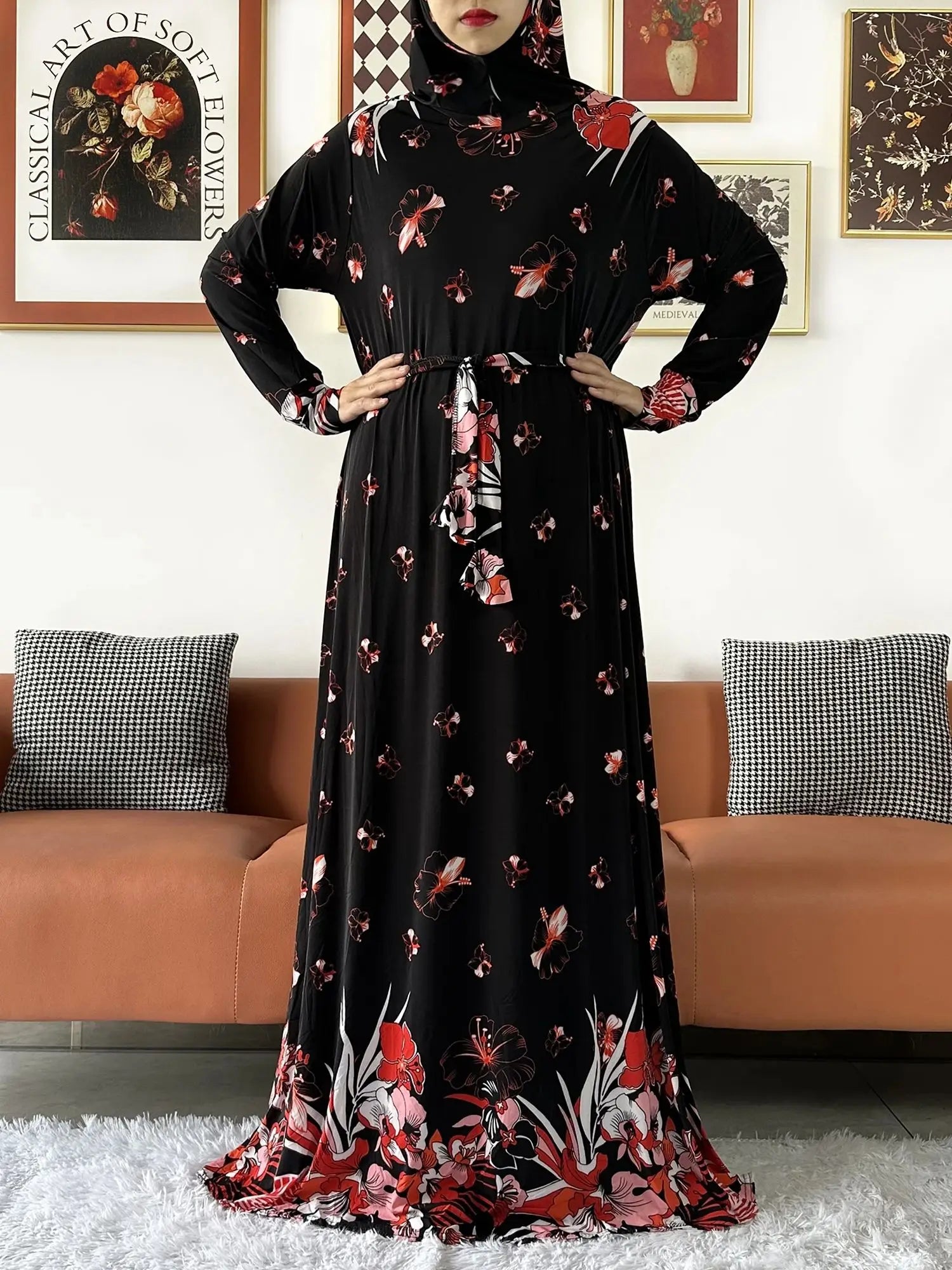 2025 Floral Ramadan Muslim Dress Solid Color Khimar Kaftan Abaya Robe with Attached Hijab Middle East Prayer Garment for Women - AMULET RING STORE