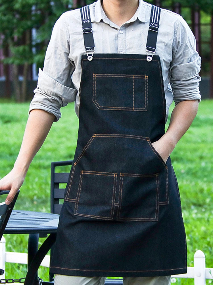 Hairstylist Denim Apron With Wide Shoulder Straps Comfortable Workwear Casual Fashionable Stain Resistant Men and Women Apron - AMULET RING STORE