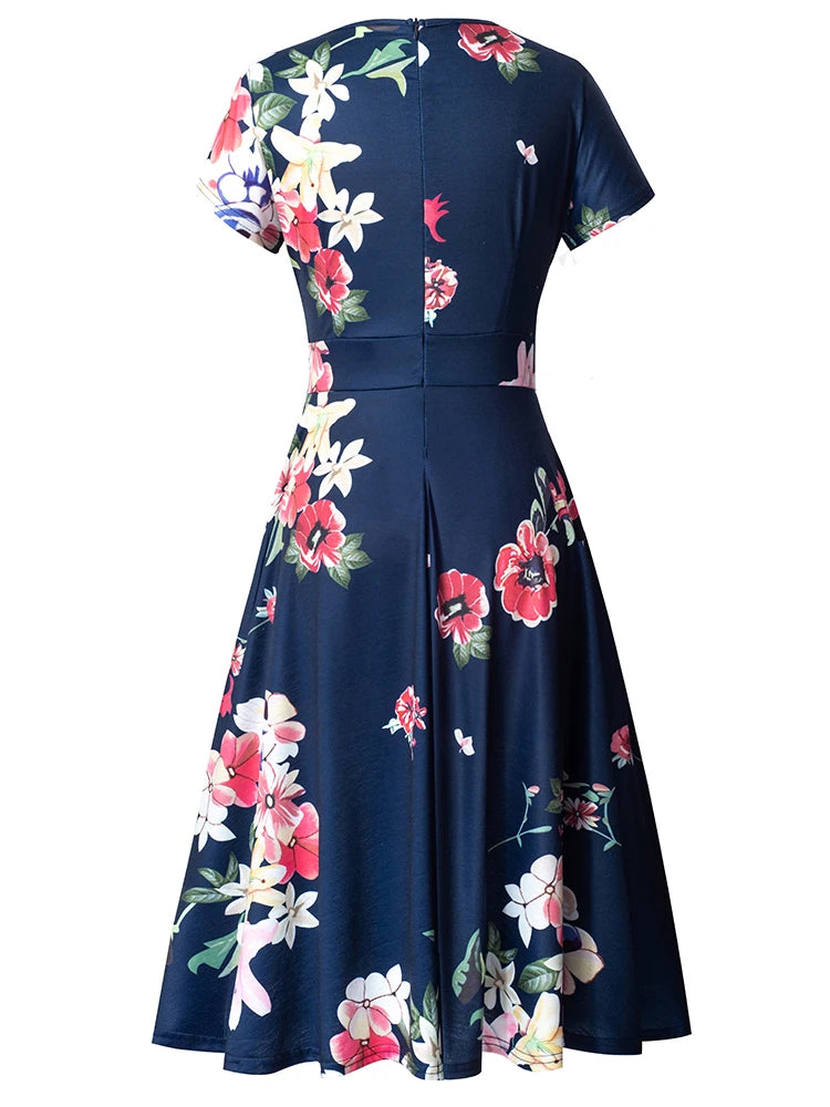Nice-forever Vintage Elegant Floral Print Pleated Round neck vestidos A-Line Pinup Business Party Women Flare Swing Dress A102