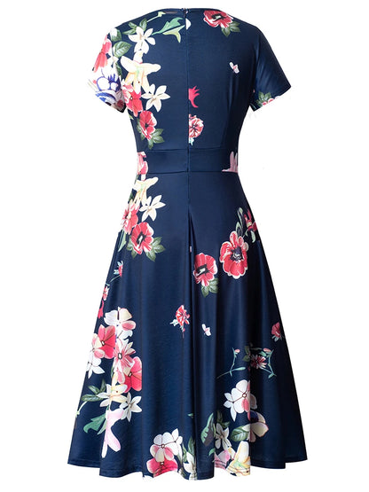 Nice-forever Vintage Elegant Floral Print Pleated Round neck vestidos A-Line Pinup Business Party Women Flare Swing Dress A102