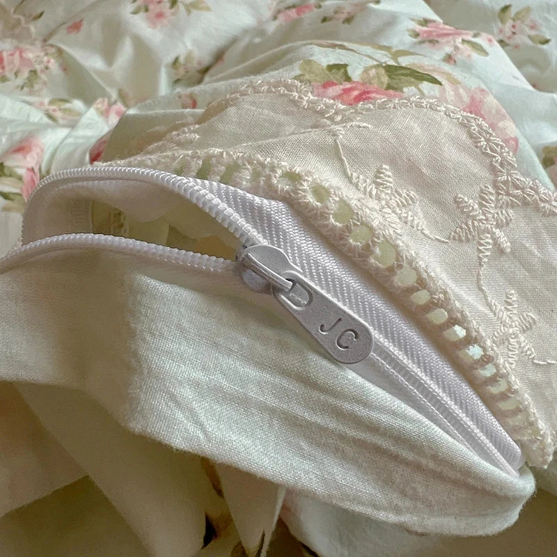 Washed Cotton Duvet Cover Sets Single/Queen/king Flower Printed Bedding Set Princess Style e housse de couette 220x240 with Lace - AMULET RING STORE