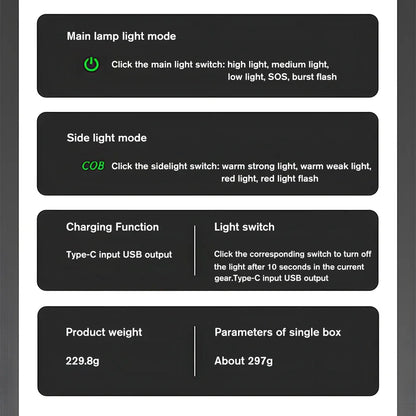 Super Bright Rechargeable LED COB Flashlight With 9 Lighting Modes Multifunction Magnetic Outdoor Waterproof Lamp18650 Battery - AMULET RING STORE