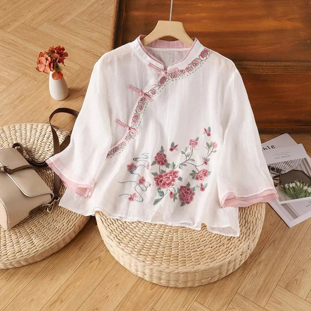 Casual Loose Blouse Shirt Women Clothes Summer Cotton Linen Ladies Tops Tee Blusas Vintage Embroidery Woman Shirt Camiseta Mujer