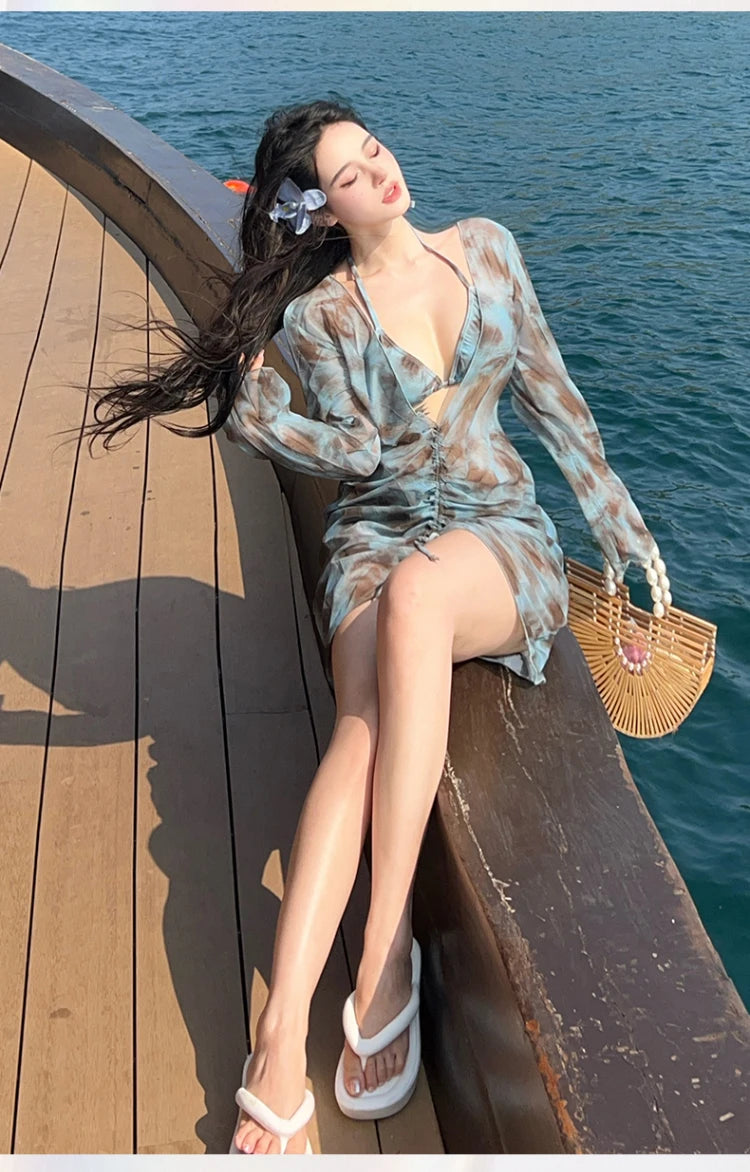 XL-5XL Plus Size Vacation Bikini Sexy Three-Piece Split Long Sleeve Swimsuit Women Summer Blue Pleated Beach Party Swimsuits