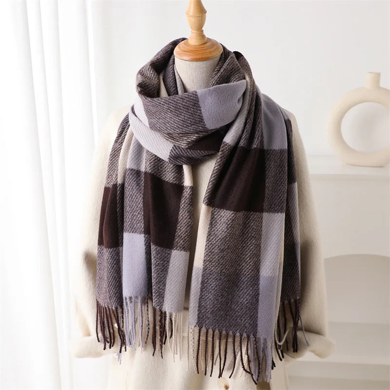 Plaid Imitation Cashmere Blanket Winter Women Scarf Designer Thick Warm Pashmina Shawl Wraps Tassel Poncho Stoles Echarpe Unisex