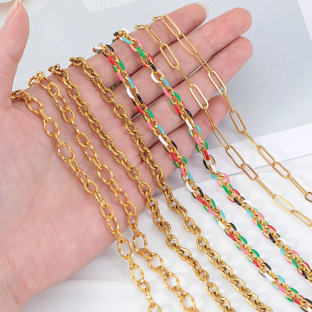 No Fade 1Meter Stainless Steel Gold Plated Embossed Link Chains DIY Women Men Necklaces Bracelets Jewelry Making Bags Chain Bulk - AMULET RING STORE