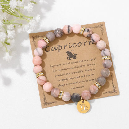 MHS.SUN 12 Star Zodiac Sign Pink Zebra Stone Beaded Bracelets Constellation Fashion Birthday Party Jewelry For Women Men