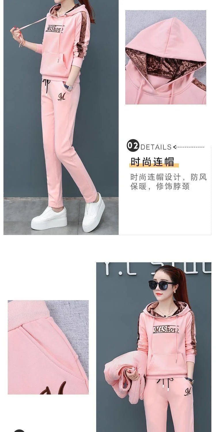 Women's Fashion Plush Thickened Sweat Suit 2025 Autumn Winter New Casual Hooded Tops Waistcoat Pants 3 Three Piece Set For Women