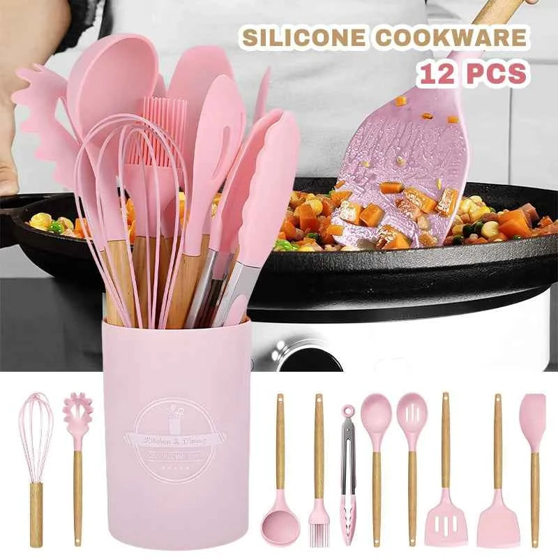 Silicone Cookware Set 12pcs Kitchen Utensil Wooden Handle Non-stick Spatula Shovel Spoon Kitchen Cooking Specialty Tools