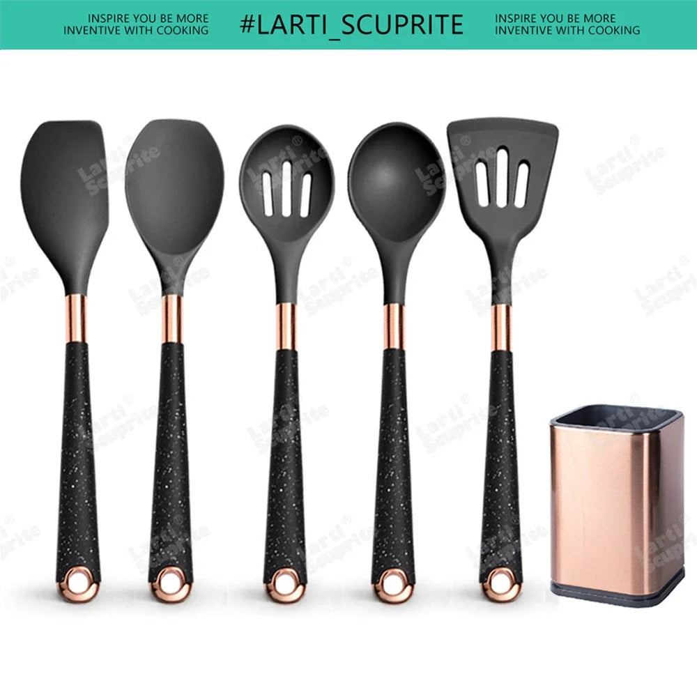 Good Quality Silicone Kitchen Utensils Set Rose Gold Plated Handle Cooking Tool Non-stick Heat Resistant Kitchenware Accessories