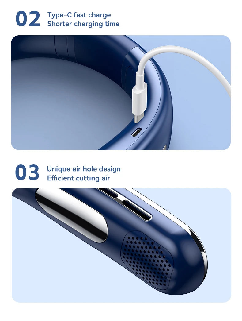 Portable Neck Fan 10000mAh Mini Bladeless Silent Neckband Fan USB Rechargeable 3 Speeds Mute Wireless Electric Neck Cooler Fans