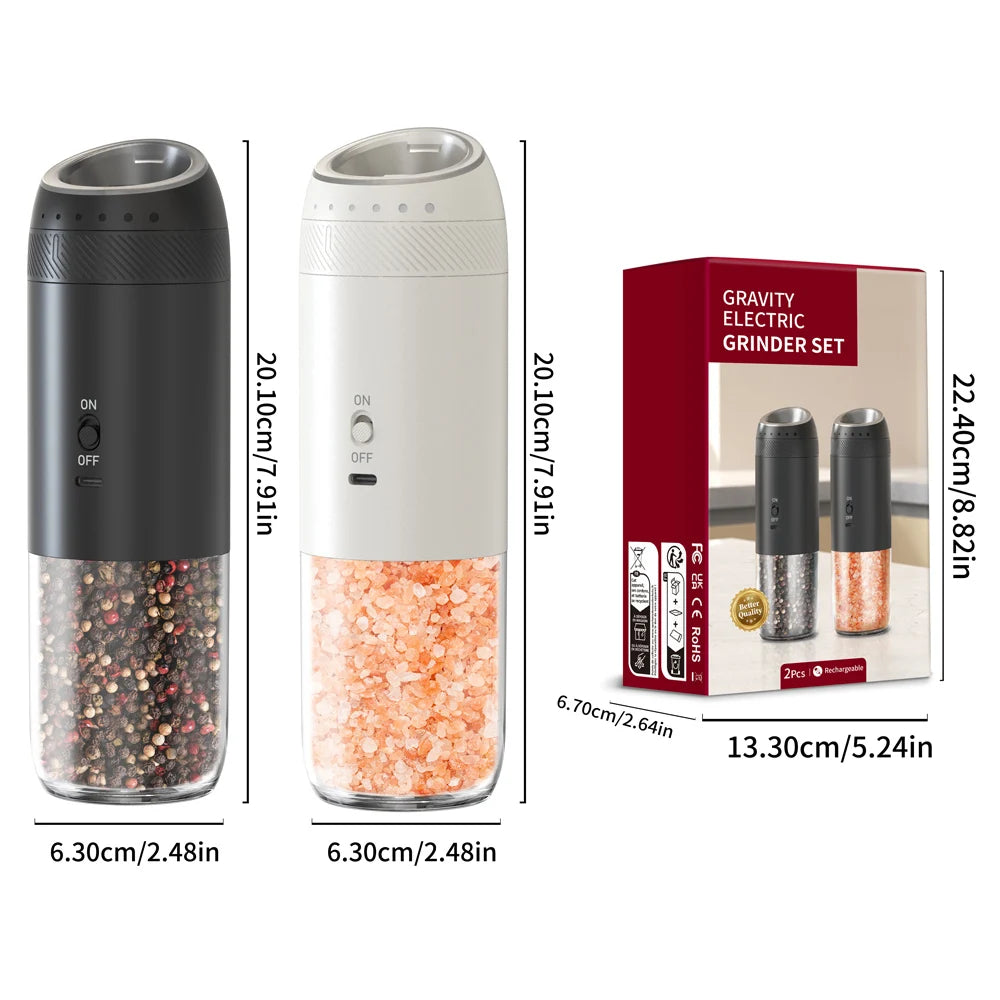 1/2PCS Electric Salt And Pepper Grinder with LED Light Gravity Sensing Adjustable Spice Mills Cordless Automatic Kitchen Gadget - AMULET RING STORE