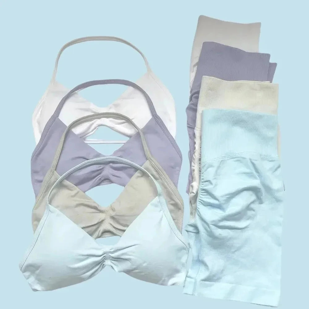 WHENG Gym Set 2 Piece Women Strappy Yoga Bra Top Workout Scrunch Shorts Sports Suit Fitness Clothes Seamless Yoga Set