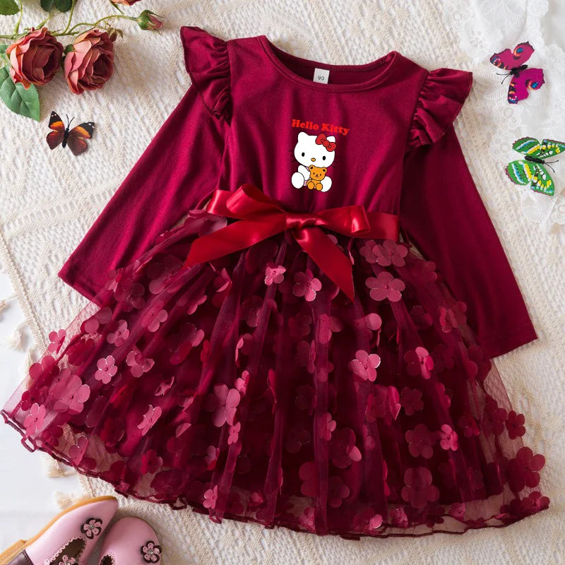 Hello Kitty Autumn Dress for Kid's Casual Clothes 3D Butterfly Cute Long Sleeve Baby Girls Princess Dress Party Dresses 2-6 Yrs