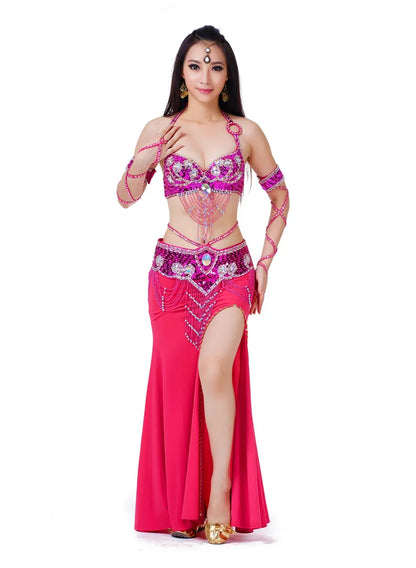 Hot Selling Ladies Beaded Sequins Belly Dance Accessories Belts + Bra Samba Costume Club Bra