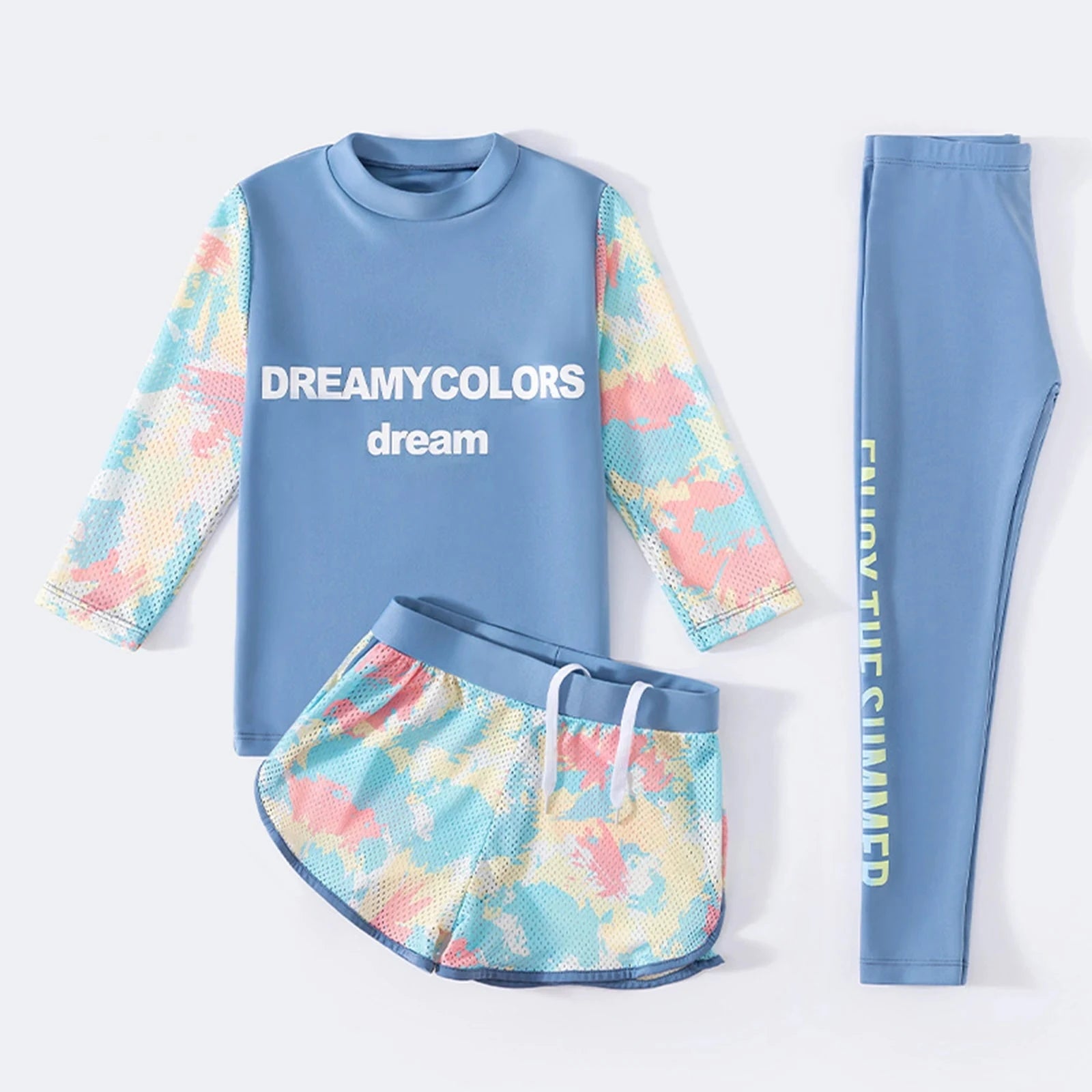 3Pcs Kids Girls Colorful Print Swimsuit Swimwear Long Sleeve Top+Shorts with Pants Set Sun Protection Rash Guard Swimming Outfit - AMULET RING STORE