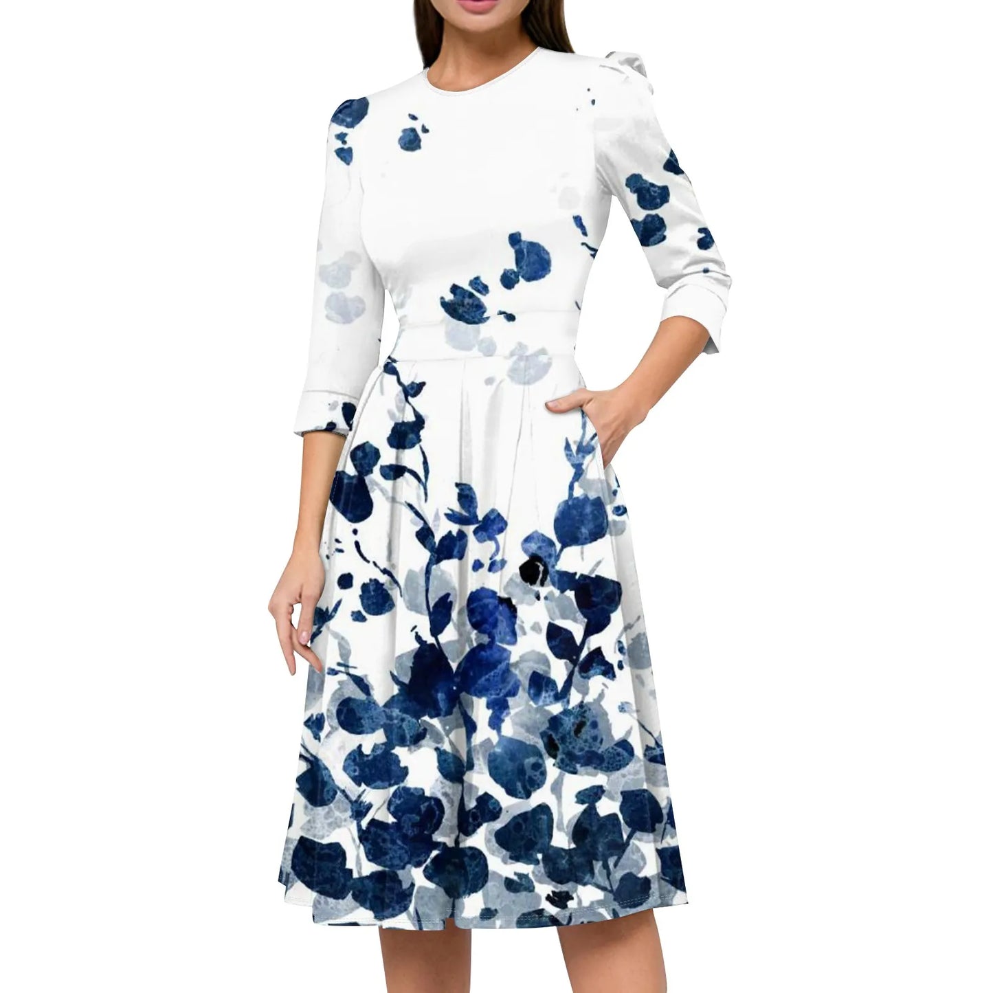 Traf Women 2025 Women'S Casual And Fashionable 3/4 Sleeve Pocket With Back Zipper Dress