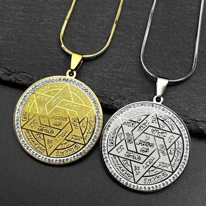 Jewish Star of David Arabic Pendant Necklace for Women Men Stainless Steel Gold Color Rhinestones Solomon Seal Chain Jewelry
