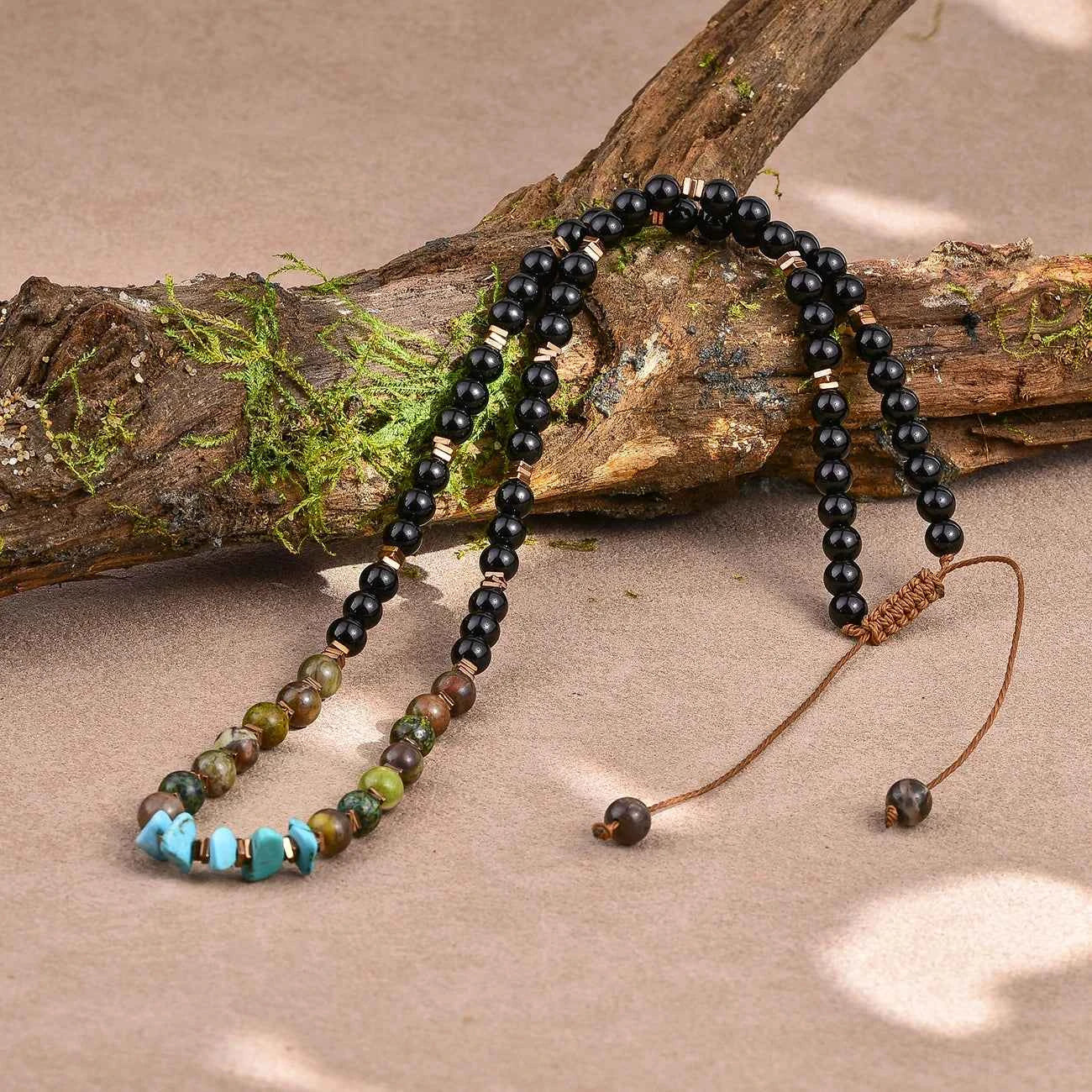 Black Onyx Turquoise Necklace for Men 6mm Natural Stone Beaded Energy Jewelry Adjustable Hand-Knotted Men's Necklace Healing Cry
