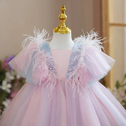 Wedding Birthday Dress for Flower Girls Kids Elegant Party Sequins Tutu Christening Gown 3-8 Yrs Children Formal Pageant Clothes - AMULET RING STORE