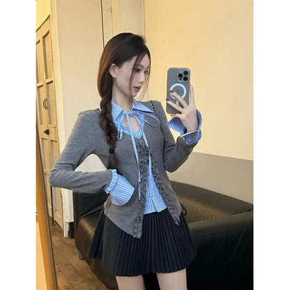 Preppy Style Striped Contrast Slim Lacing Tops Women Clothing Spring Autumn New Long Sleeve Patchwork Korean Shirt Tops Fashion