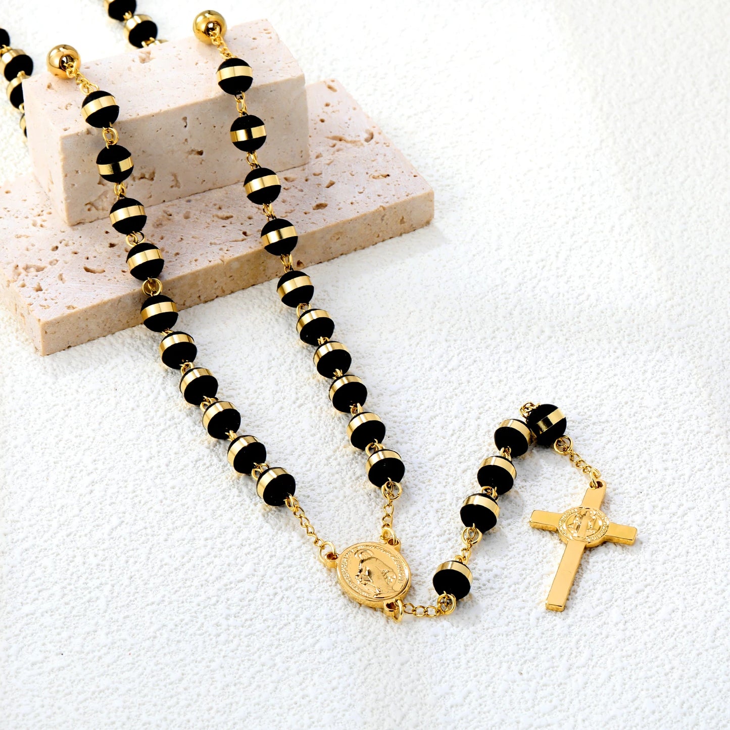 ASONSTEEL Long Scapular Catholic Rosaries Beads Christian Cross Jesus Pendant Necklaces Stainless Steel For Women Men Jewelry