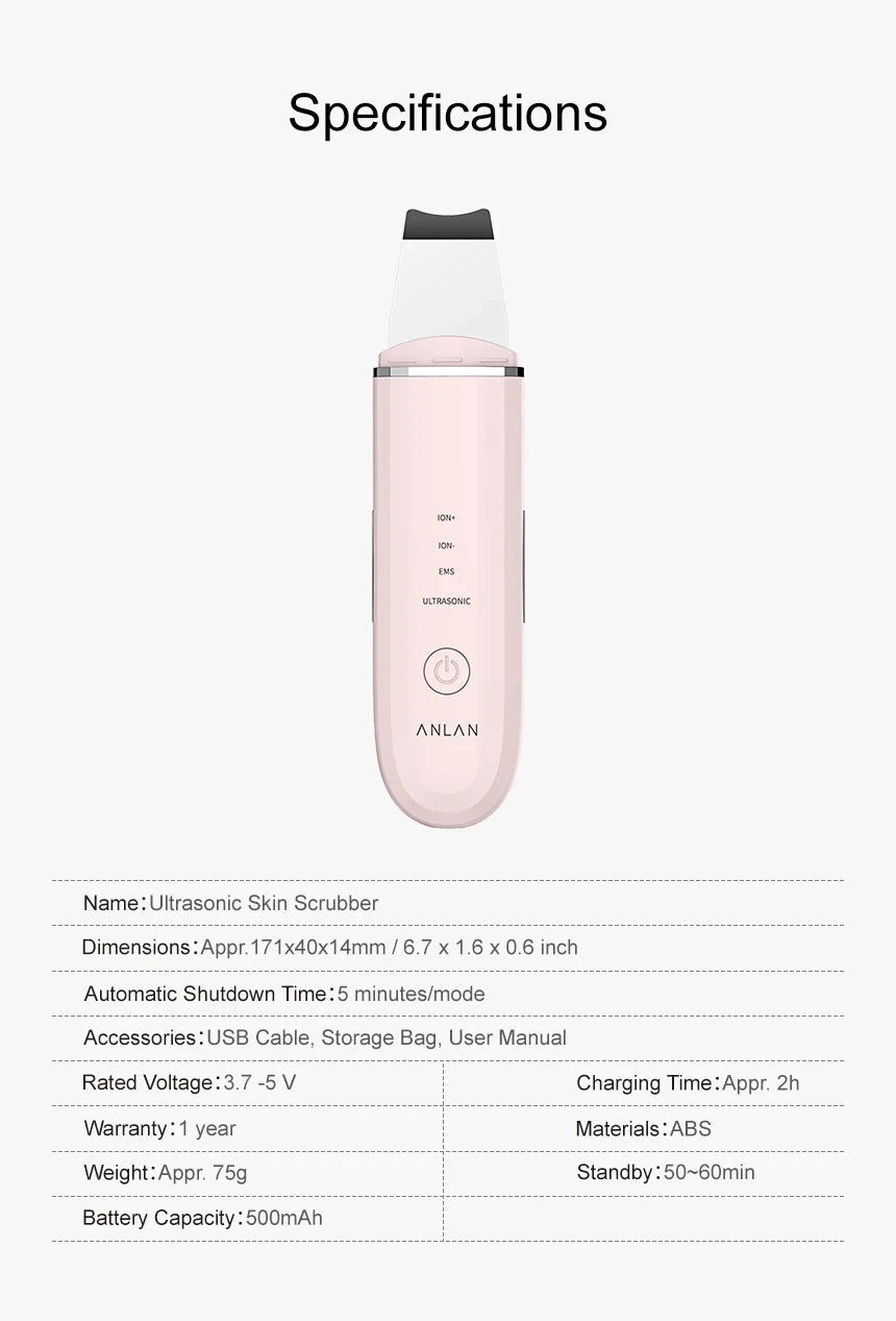ANLAN Ultrasonic Skin Scrubber Deep Cleaning Peeling Shovel Limpiador Facial Skin Care Face Lifting Machine Ultrasonic Cleaner