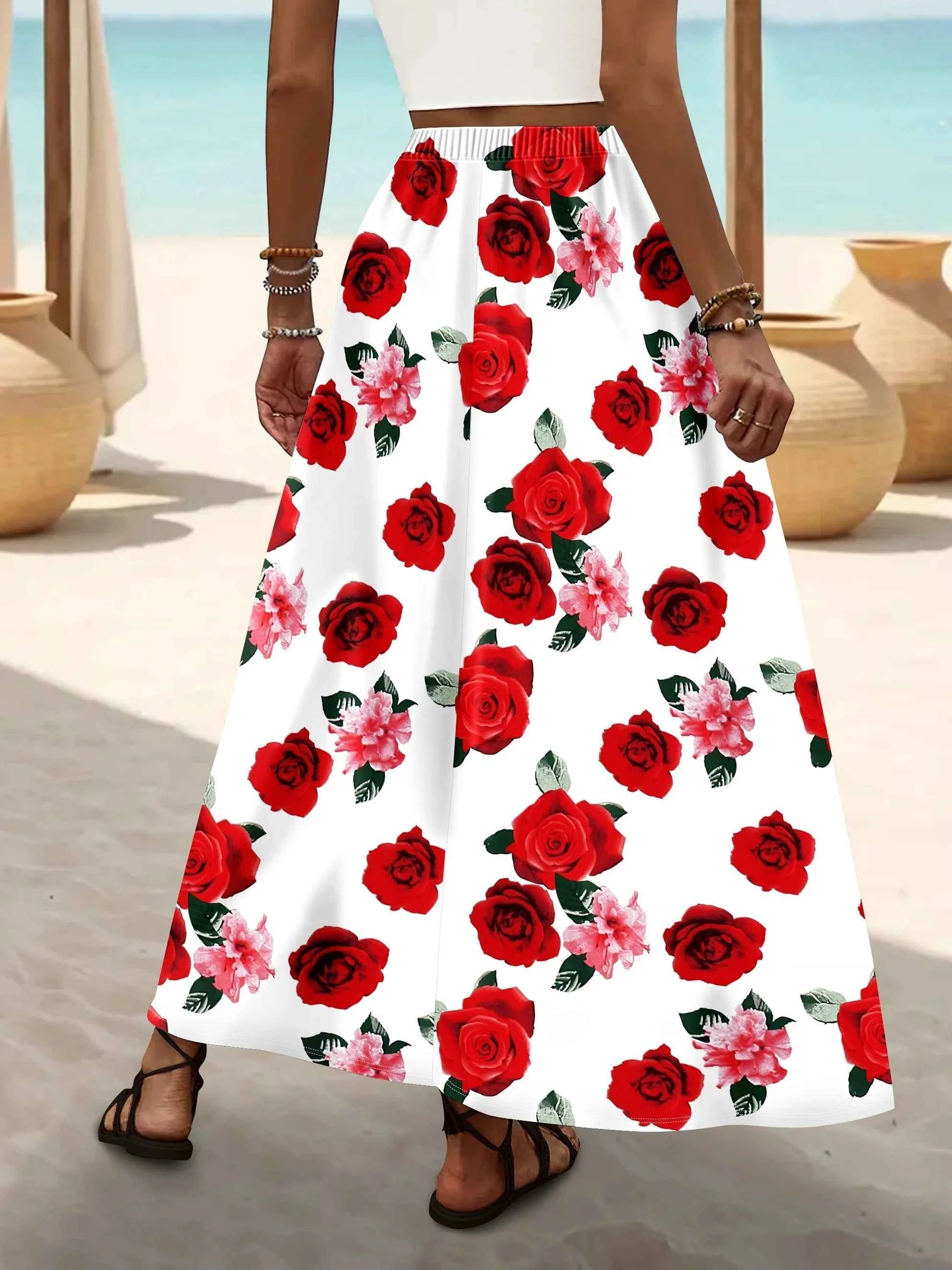 Scarlet Rose & Blush Blossom Print Elastic High - Waist A - Line Vacation Maxi Skirt: Romantic Waltz Vibes