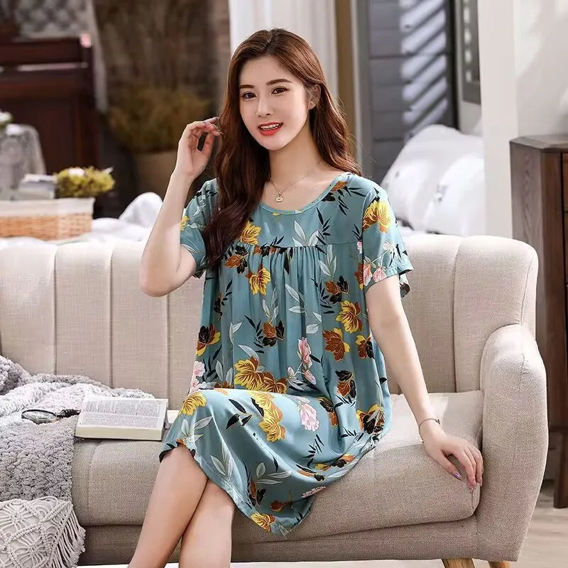 Women summer cotton nightgowns short-sleeved Korean loose big yards 4XL fit 100 kg nightshirt female floral print night dress