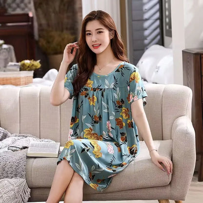 Women summer cotton nightgowns short-sleeved Korean loose big yards 4XL fit 100 kg nightshirt female floral print night dress