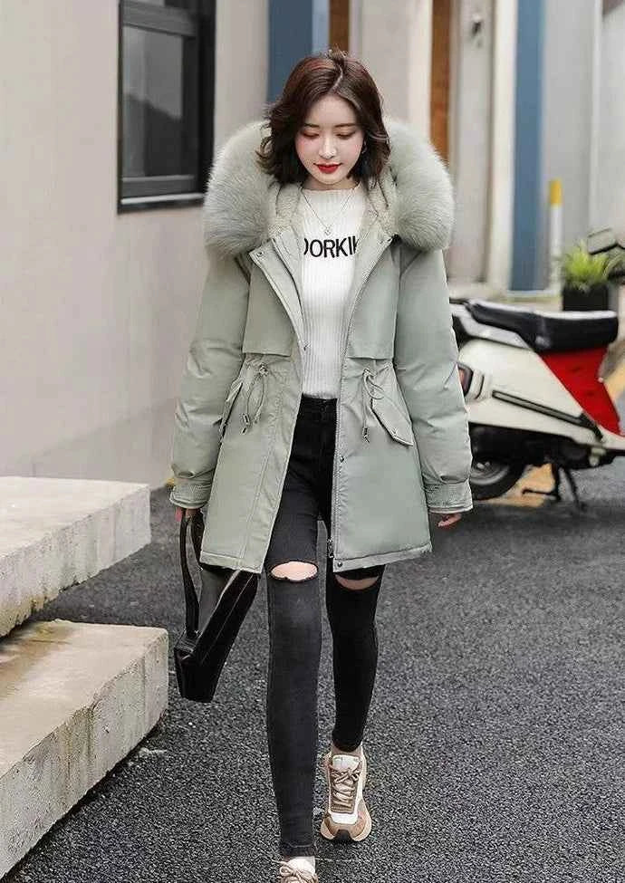 2025 Winter Women's Parka Cotton Padded Coat Korean Style Mid Length Waist Cinching Thickened for Cold Suitable for Short Girls