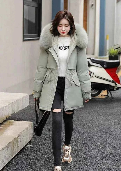 2025 Winter Women's Parka Cotton Padded Coat Korean Style Mid Length Waist Cinching Thickened for Cold Suitable for Short Girls