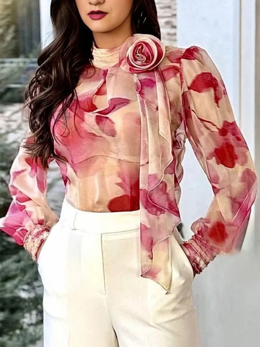 Krisstargirls Women's French Elegant Blouse Floral Print Puff Sleeve Rose Decor Ruffle Shirt Fashion Office Casual Top Ladies
