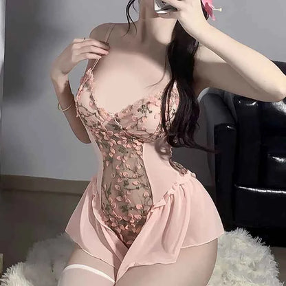 Sexy Deep V Flower Vine Open Crotch Bodysuit Suspender Embroidery Ballet Nightdress Slim Gathered Mesh Bodycon