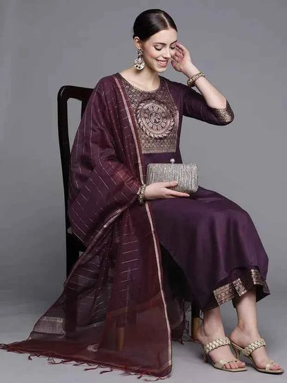 Traditional Indian Clothing 3-piece Jacquard Set And A Medium Length Cotton Blend Set In Purple Indian Saree Indian Sari